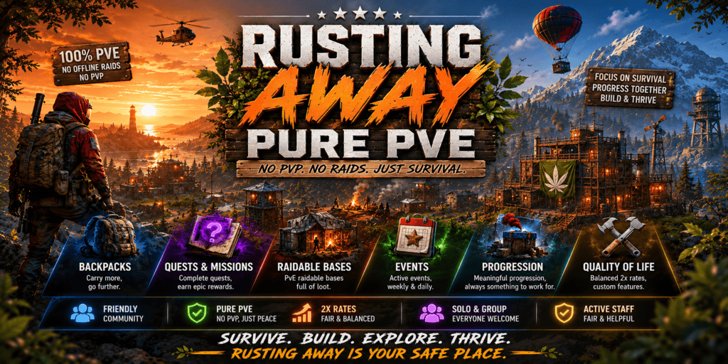 Баннер сервера {USA} Rusting Away Pure PVE Kits|Boss Monsters|Events|Backpack|